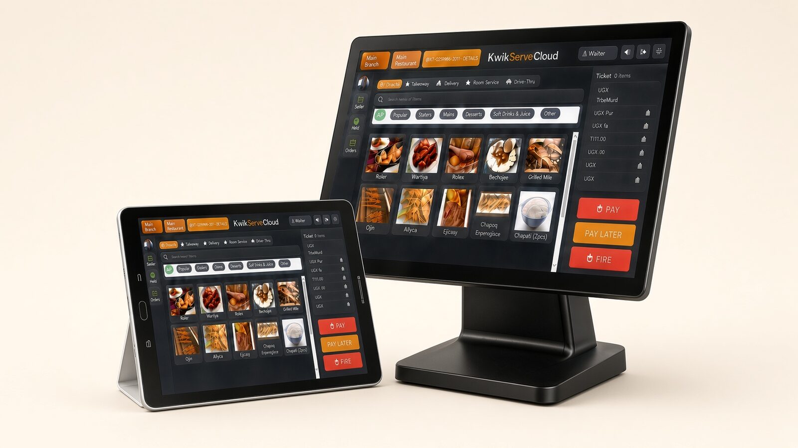 KwikServe Cloud on a countertop POS and a waiter tablet